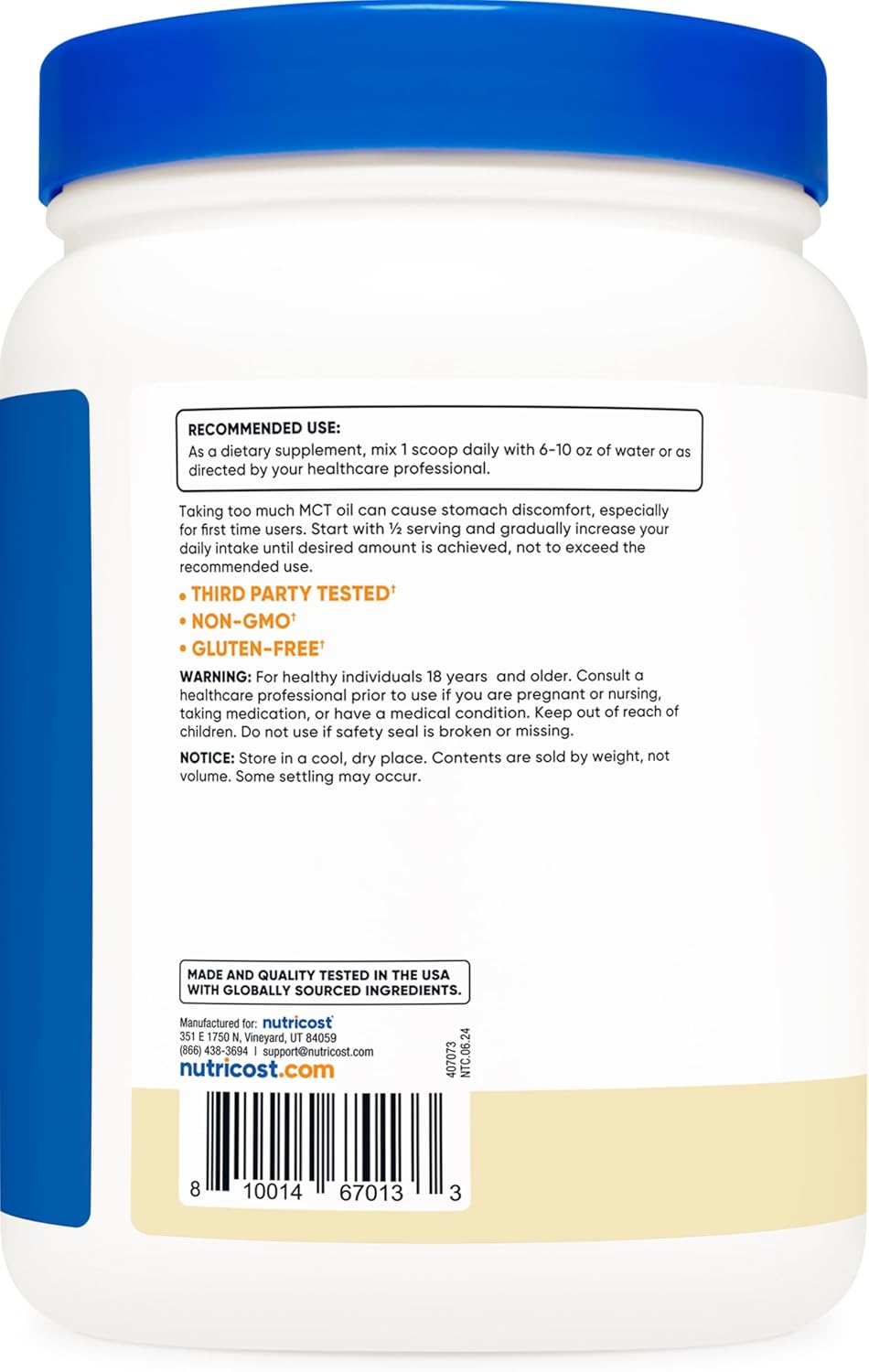 Nutricost Vanilla C8 MCT Oil Powder - 1LB (16oz) - 95% C8 MCT Oil - Ideal for Keto Diets - Non-GMO and Gluten Free