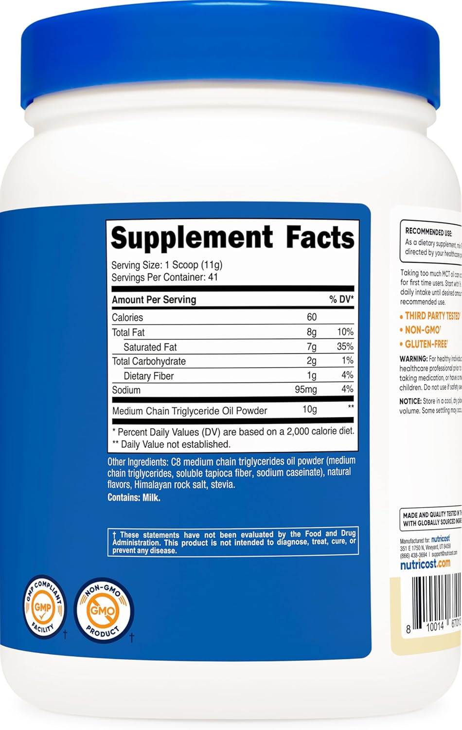 Nutricost Vanilla C8 MCT Oil Powder - 1LB (16oz) - 95% C8 MCT Oil - Ideal for Keto Diets - Non-GMO and Gluten Free