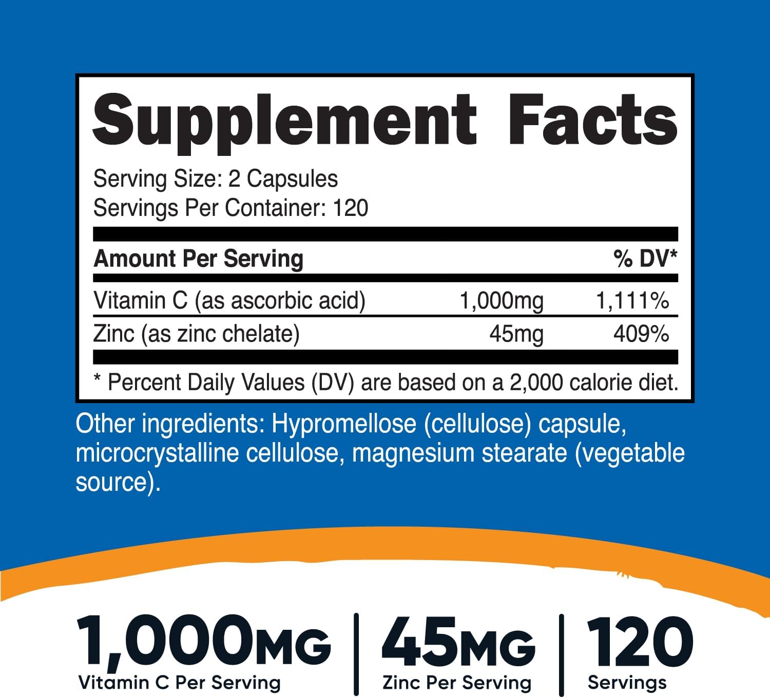 Nutricost Vitamin C and Zinc Capsules - 1000mg Vitamin C, 45mg Zinc - Non-GMO, Gluten Free - 120 Servings