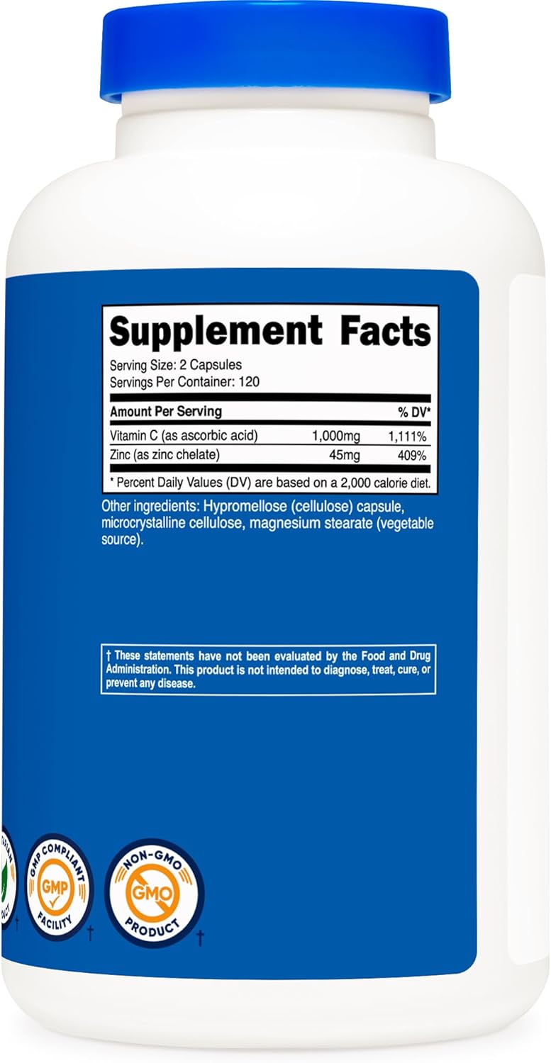 Nutricost Vitamin C and Zinc Capsules - 1000mg Vitamin C, 45mg Zinc - Non-GMO, Gluten Free - 120 Servings