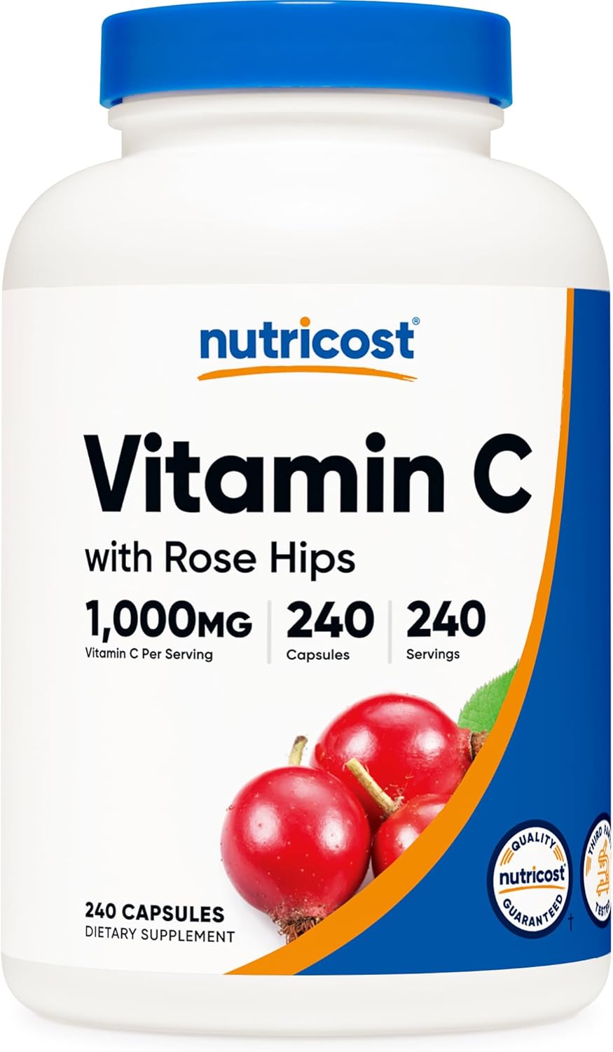 Nutricost Vitamin C with Rose HIPS 1025mg - Premium Non-GMO Gluten Free Supplement, 240 Capsules - High Potency Vitamin C 1,000mg, Rose HIPS 25mg