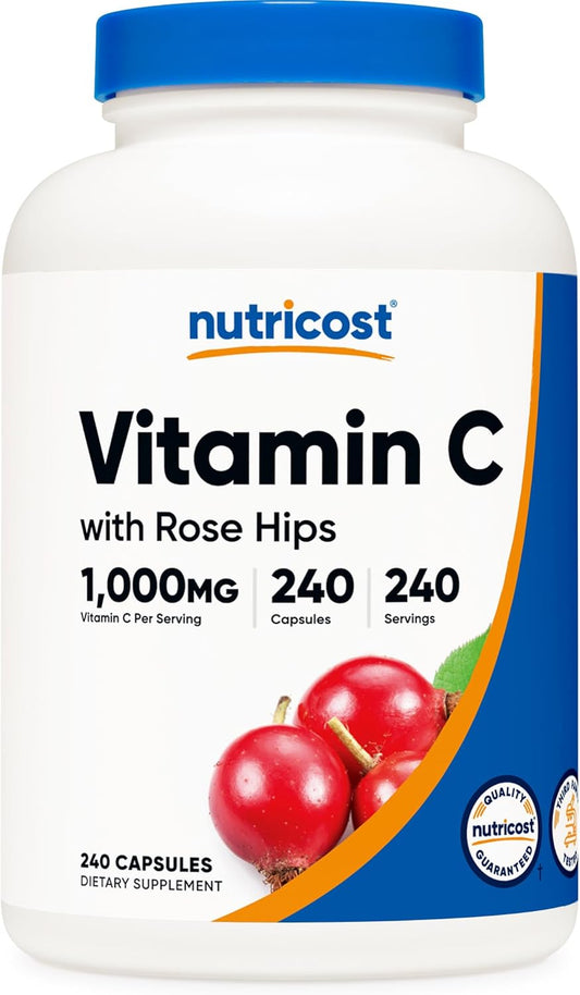Nutricost Vitamin C with Rose HIPS 1025mg - Premium Non-GMO Gluten Free Supplement, 240 Capsules - High Potency Vitamin C 1,000mg, Rose HIPS 25mg