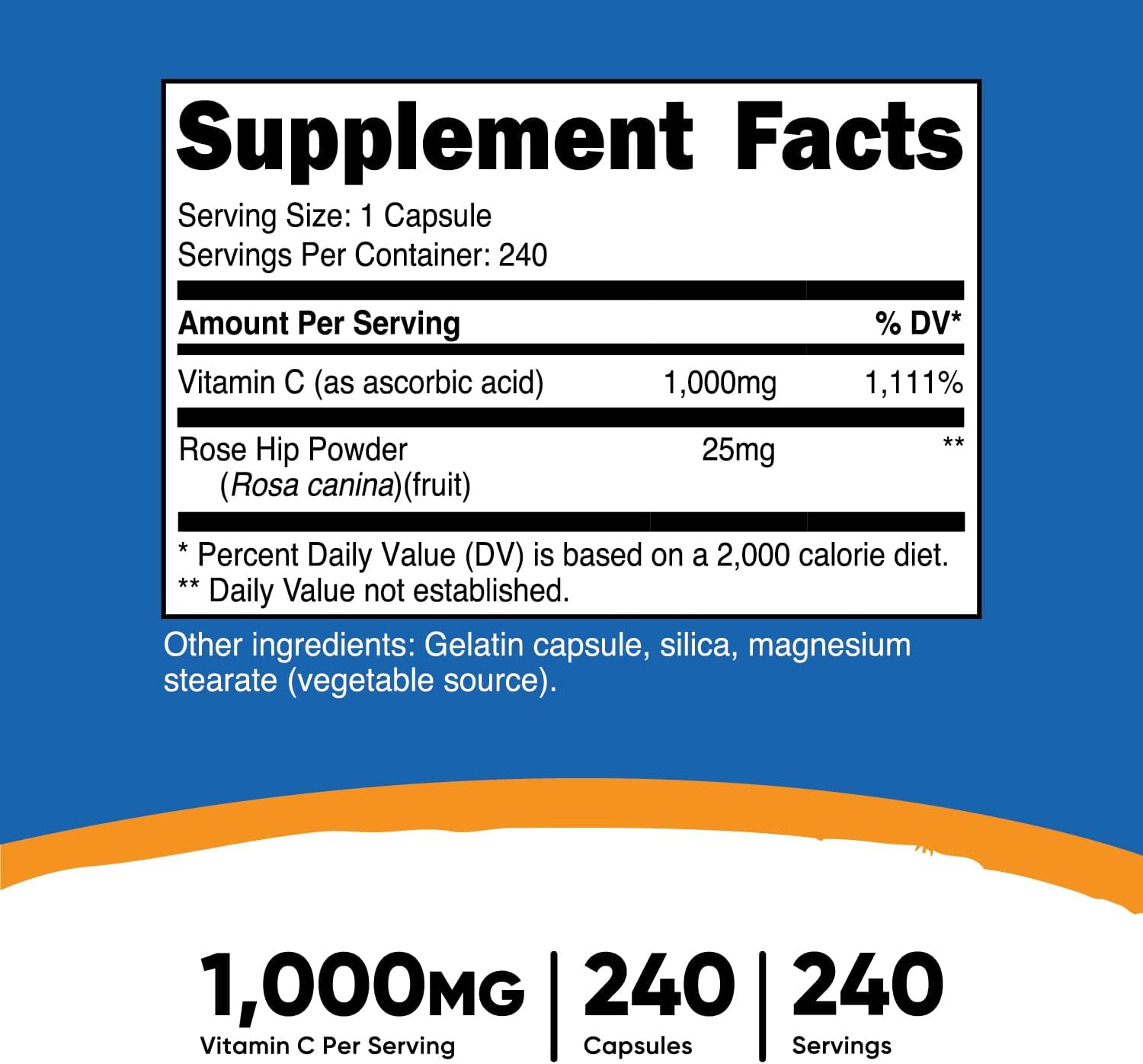 Nutricost Vitamin C with Rose HIPS 1025mg - Premium Non-GMO Gluten Free Supplement, 240 Capsules - High Potency Vitamin C 1,000mg, Rose HIPS 25mg