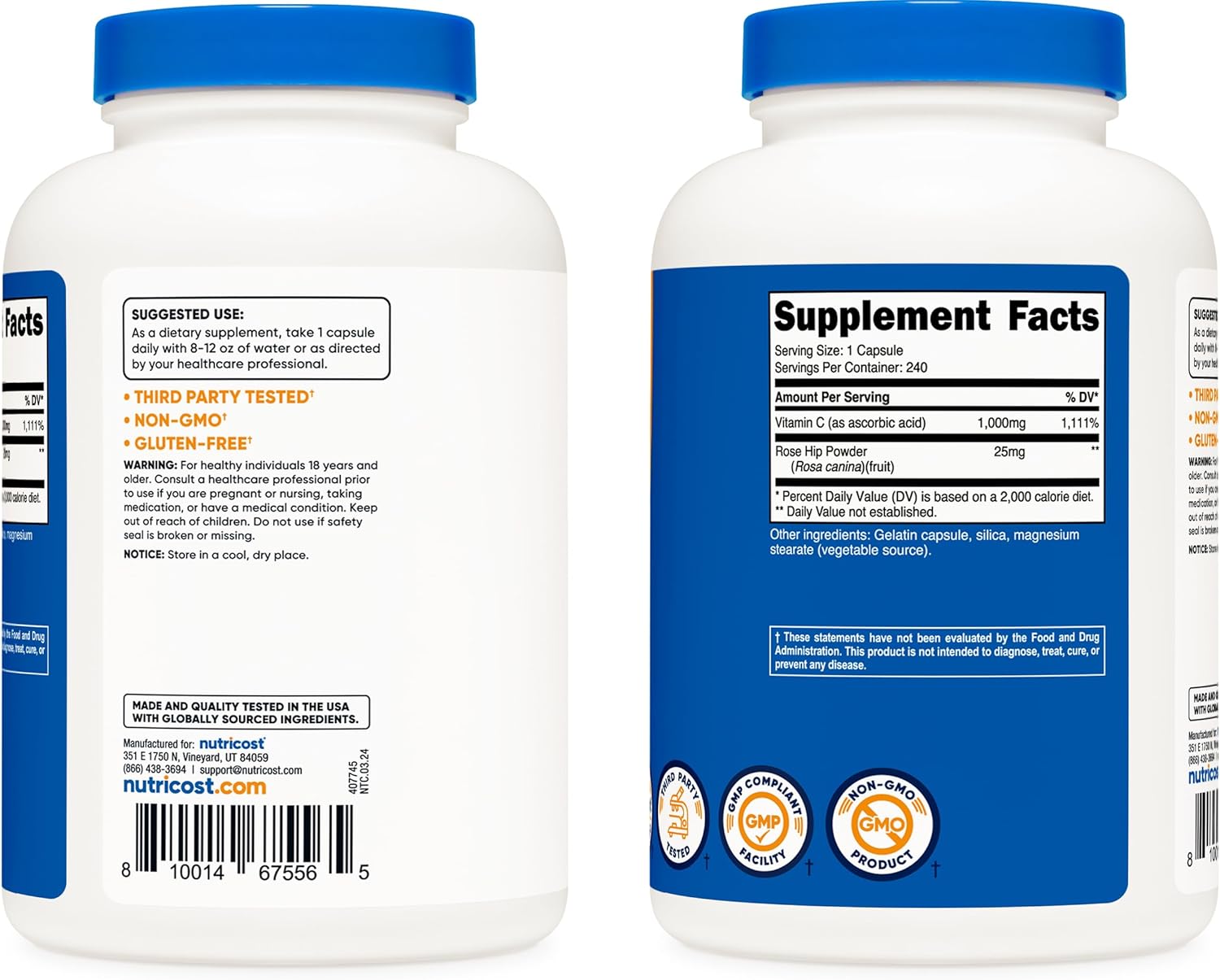 Nutricost Vitamin C with Rose HIPS 1025mg - Premium Non-GMO Gluten Free Supplement, 240 Capsules - High Potency Vitamin C 1,000mg, Rose HIPS 25mg