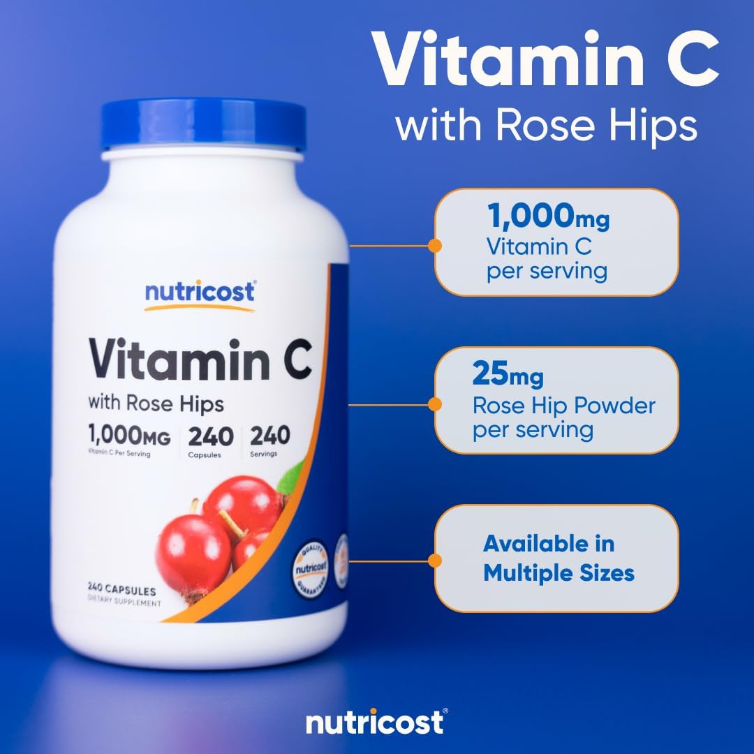 Nutricost Vitamin C with Rose HIPS 1025mg - Premium Non-GMO Gluten Free Supplement, 240 Capsules - High Potency Vitamin C 1,000mg, Rose HIPS 25mg