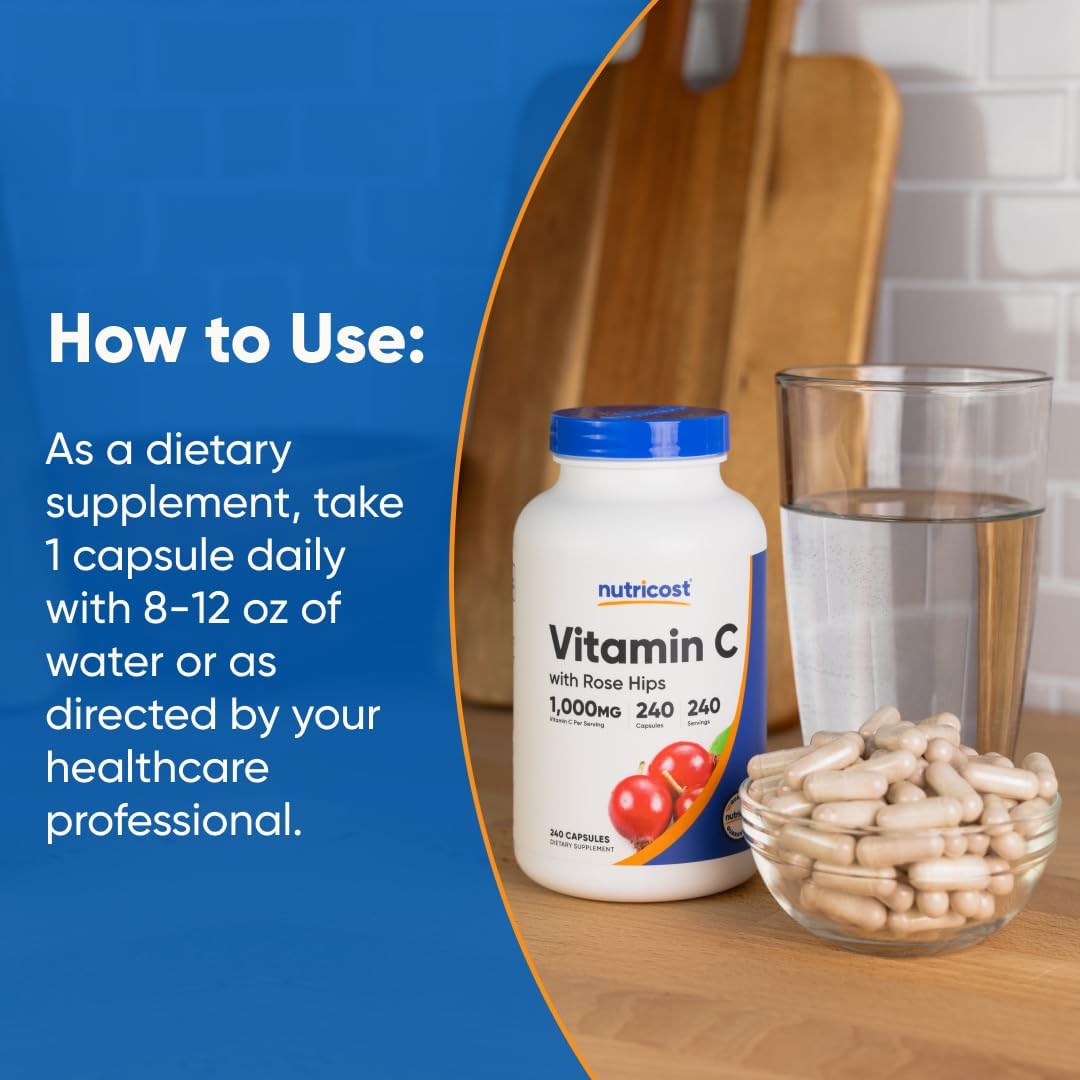 Nutricost Vitamin C with Rose HIPS 1025mg - Premium Non-GMO Gluten Free Supplement, 240 Capsules - High Potency Vitamin C 1,000mg, Rose HIPS 25mg