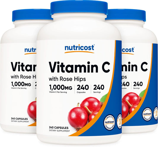 Nutricost Vitamin C with Rose HIPS 1025mg, 240 Capsules (3 Bottles) - Non-GMO, Gluten Free Supplement