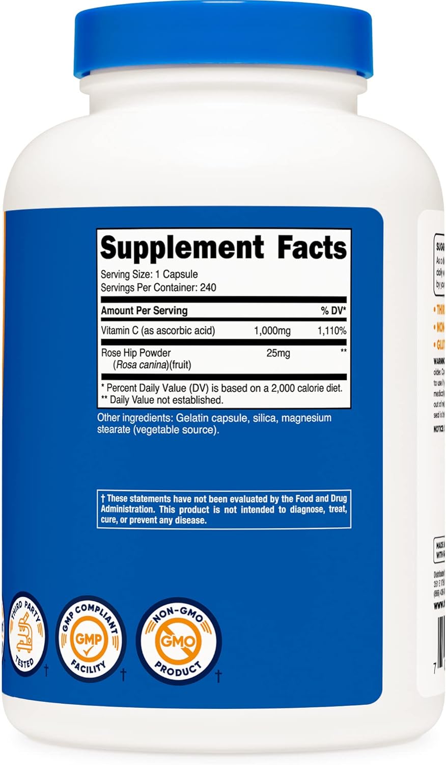 Nutricost Vitamin C with Rose HIPS 1025mg, 240 Capsules (3 Bottles) - Non-GMO, Gluten Free Supplement