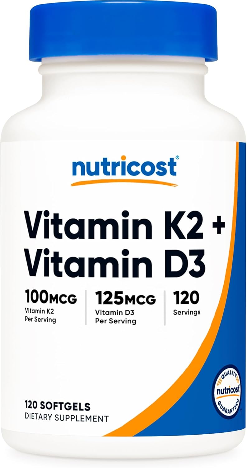Nutricost Vitamin K2 (MK7) + Vitamin D3 Softgels - 120 Count, 100mcg/5000 IU, Gluten Free & Non-GMO