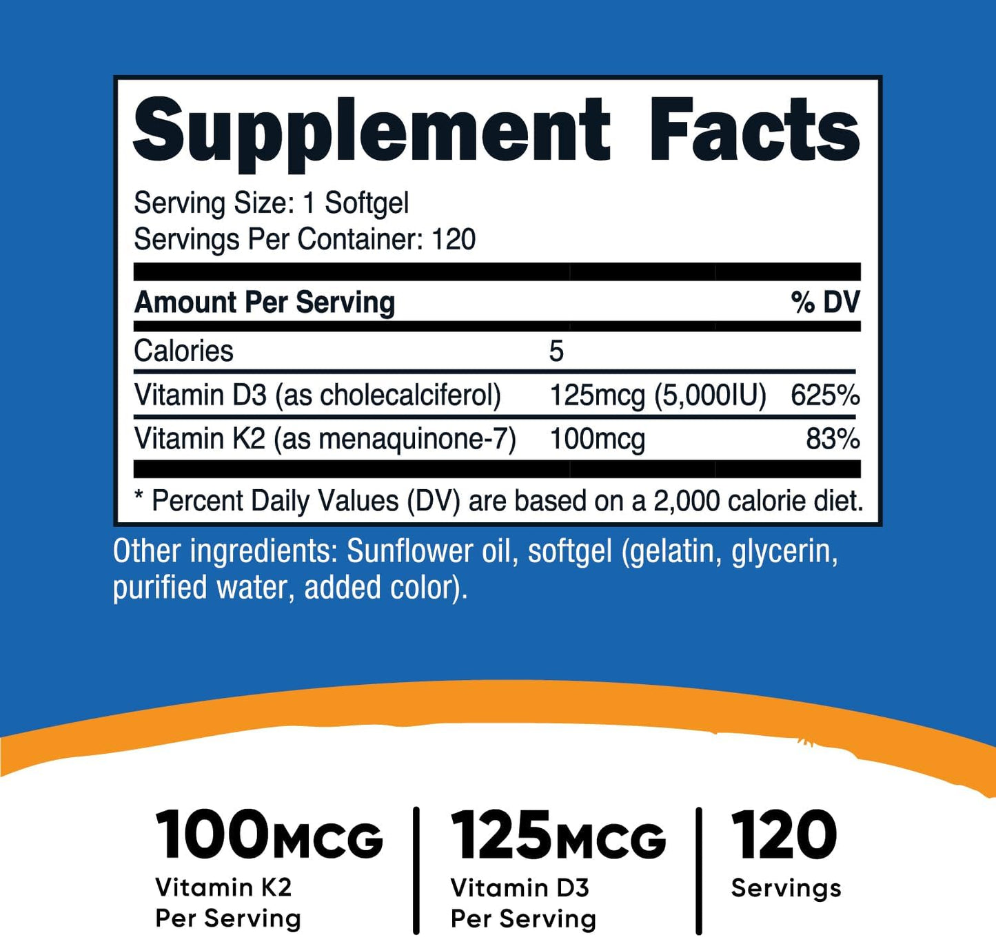 Nutricost Vitamin K2 (MK7) + Vitamin D3 Softgels - 120 Count, 100mcg/5000 IU, Gluten Free & Non-GMO