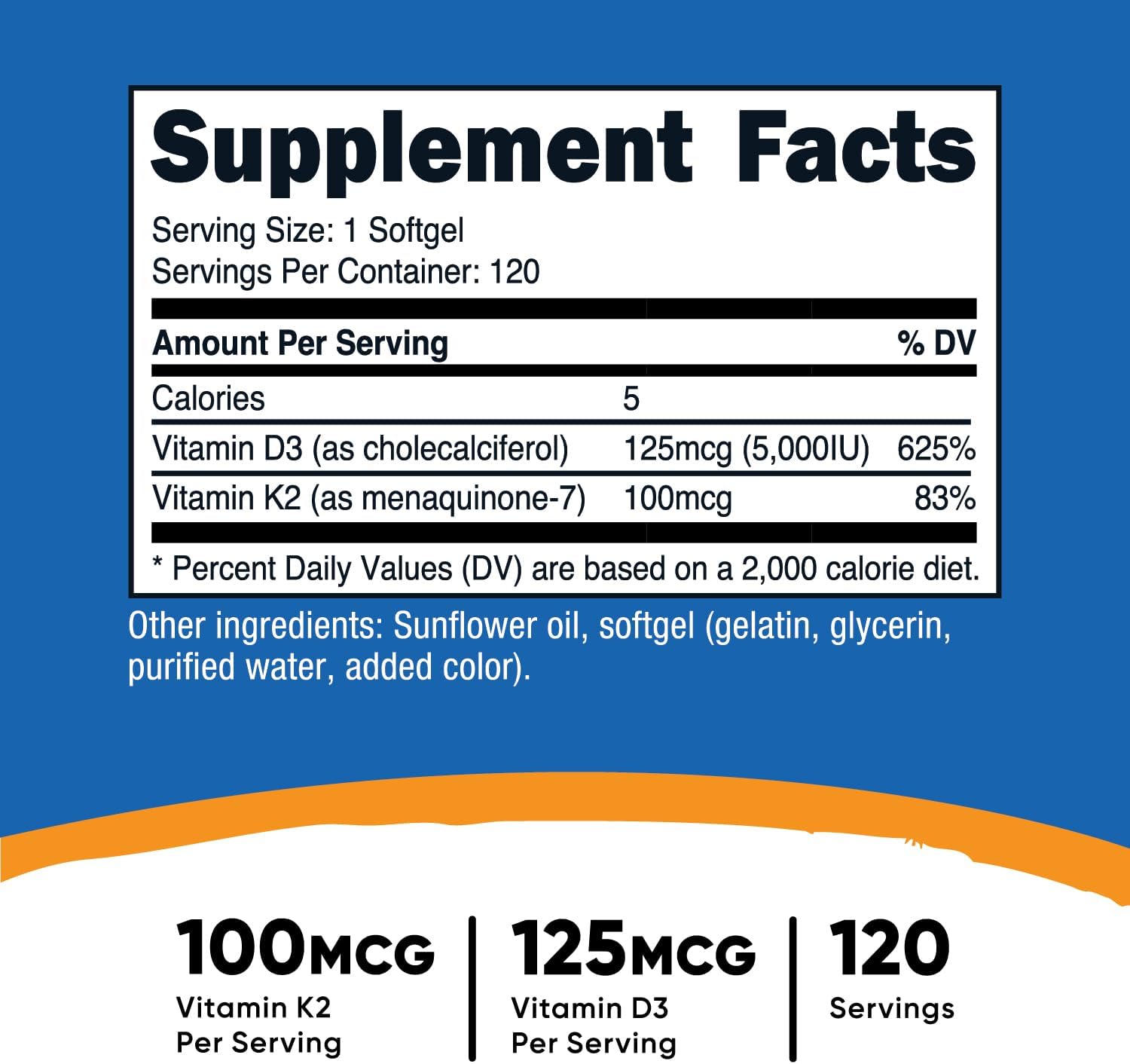 Nutricost Vitamin K2 (MK7) + Vitamin D3 Softgels - 120 Count, 100mcg/5000 IU, Gluten Free & Non-GMO