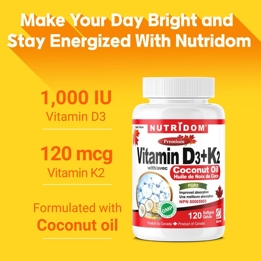 Nutridom Vitamin D3 and K2 Softgels with Coconut Oil (120 Count)