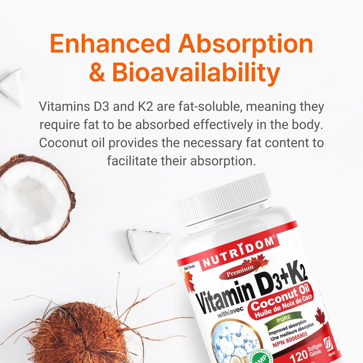 Nutridom Vitamin D3 and K2 Softgels with Coconut Oil (120 Count)
