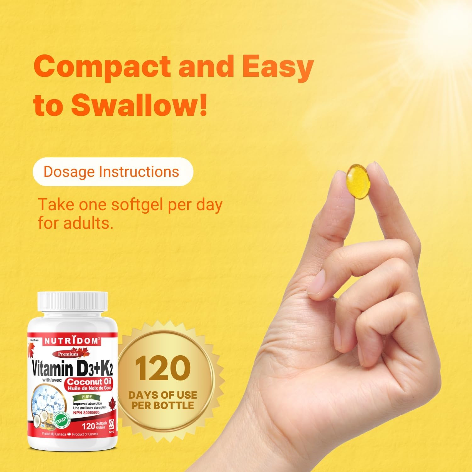 Nutridom Vitamin D3 and K2 Softgels with Coconut Oil (120 Count)