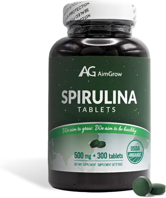 Nutrient-Rich Aimgrow Spirulina Tablets for Energy and Immune Health - Non-GMO, Gluten-Free, 500mg, 300 Tablets, Health Canada Compliant