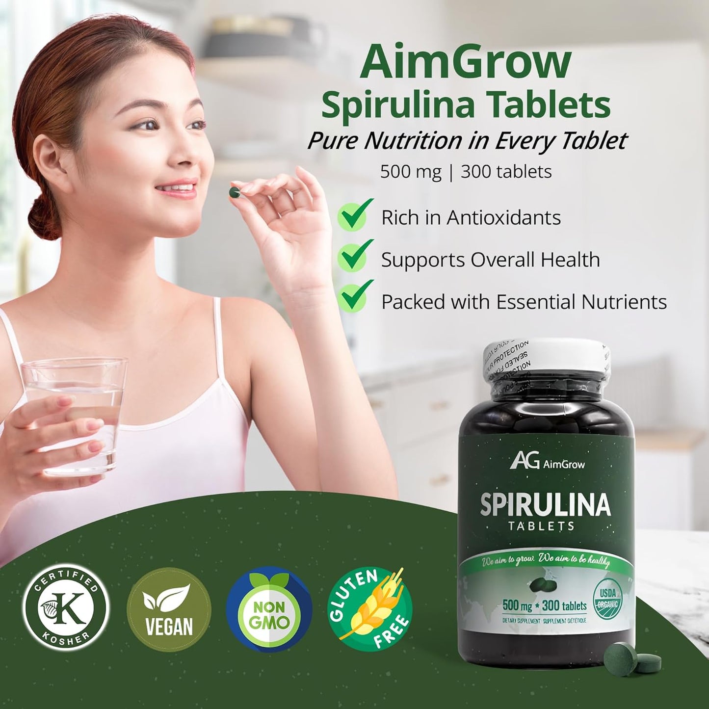Nutrient-Rich Aimgrow Spirulina Tablets for Energy and Immune Health - Non-GMO, Gluten-Free, 500mg, 300 Tablets, Health Canada Compliant