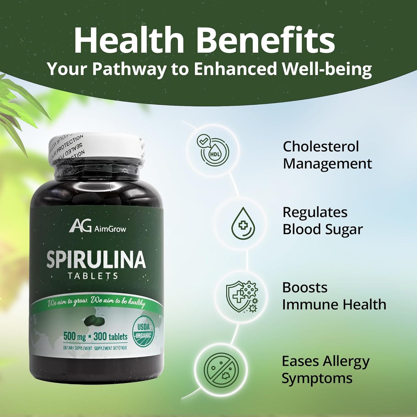Nutrient-Rich Aimgrow Spirulina Tablets for Energy and Immune Health - Non-GMO, Gluten-Free, 500mg, 300 Tablets, Health Canada Compliant