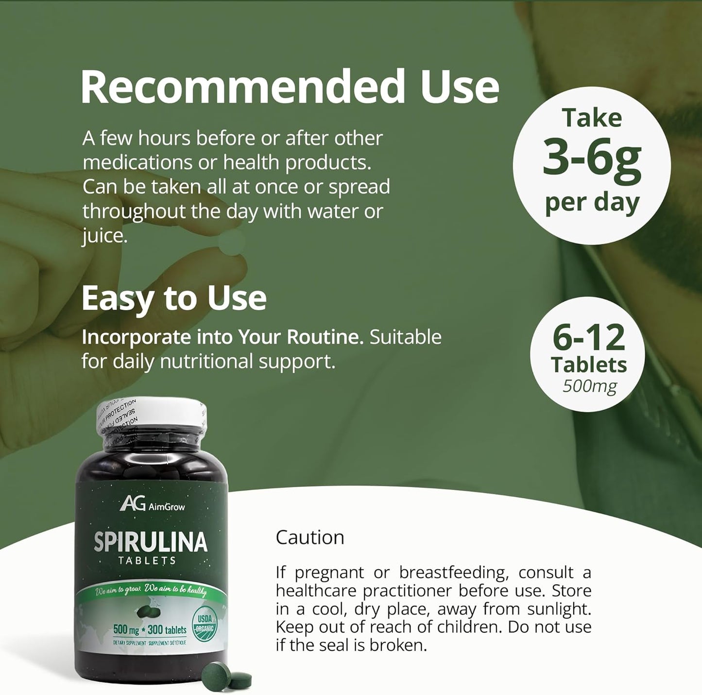 Nutrient-Rich Aimgrow Spirulina Tablets for Energy and Immune Health - Non-GMO, Gluten-Free, 500mg, 300 Tablets, Health Canada Compliant