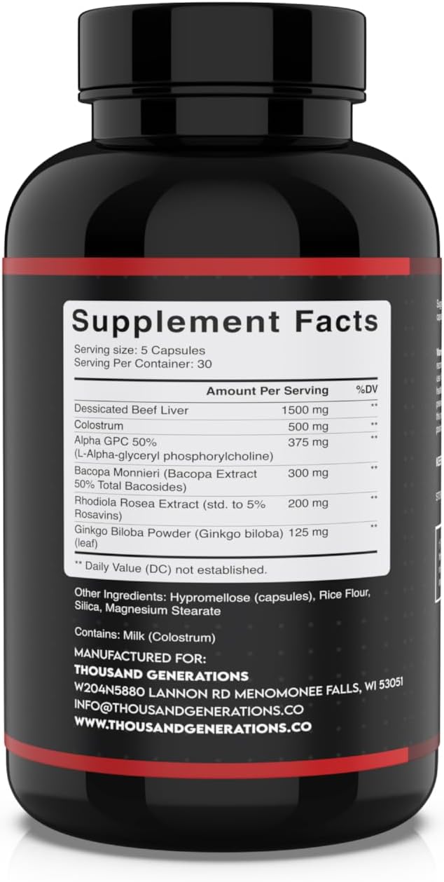 Nutrient-Rich Brain Booster with Grass-Fed Beef Liver & Colostrum, Alpha GPC, Rhodiola, Ginkgo, Bacopa - Focus & Energy Support
