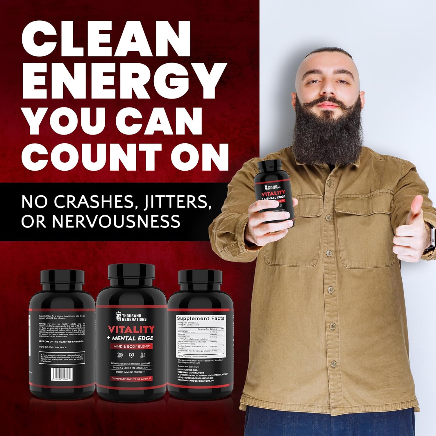 Nutrient-Rich Brain Booster with Grass-Fed Beef Liver & Colostrum, Alpha GPC, Rhodiola, Ginkgo, Bacopa - Focus & Energy Support