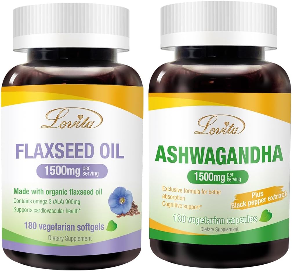 Nutrient-Rich Bundle: Lovita Flaxseed Oil & Ashwagandha Dietary Supplement for Better Nutrition & Well-Being