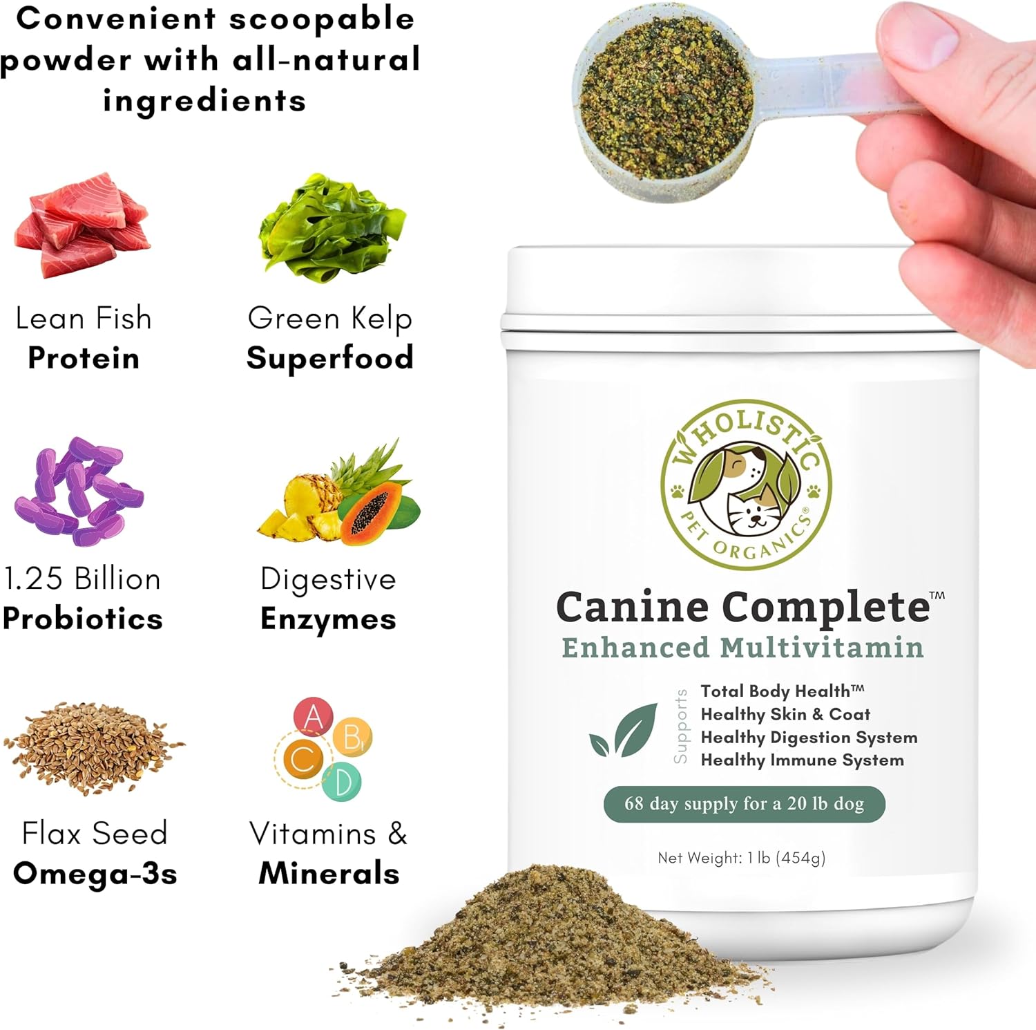 Nutrient-Rich Dog Multivitamin Powder for Immune System, Skin & Coat - Wholistic Pet Organics Canine Complete - 1 Lb Size