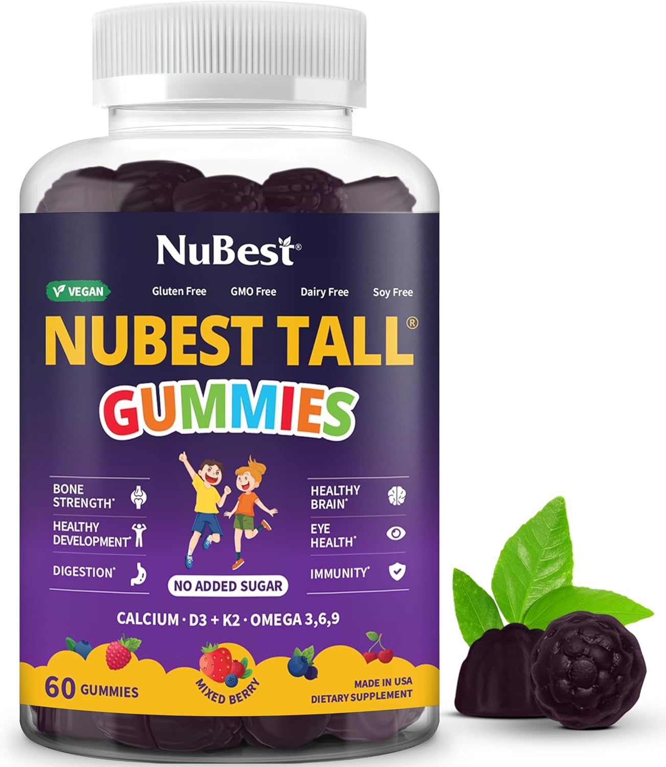 Nutrient-Rich Kids & Teens Tall Gummies | Bone Strength, Immunity Boost, Digestive Health | Calcium, Vitamin D3, K2, B Complex, Magnesium, Zinc | 20+ Berry Flavored Gummies, No Sugar