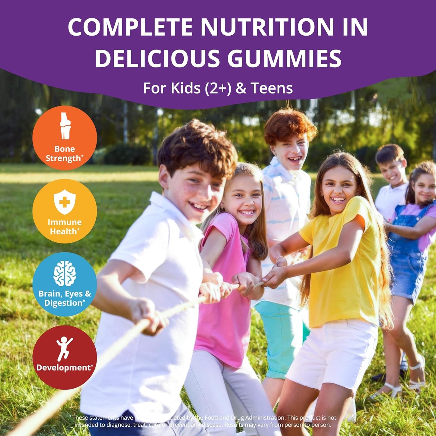 Nutrient-Rich Kids & Teens Tall Gummies | Bone Strength, Immunity Boost, Digestive Health | Calcium, Vitamin D3, K2, B Complex, Magnesium, Zinc | 20+ Berry Flavored Gummies, No Sugar