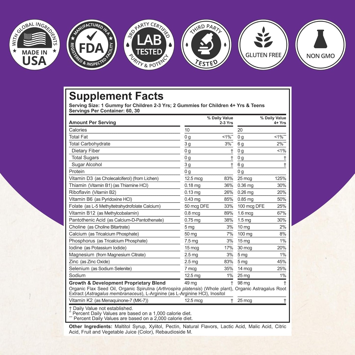Nutrient-Rich Kids & Teens Tall Gummies | Bone Strength, Immunity Boost, Digestive Health | Calcium, Vitamin D3, K2, B Complex, Magnesium, Zinc | 20+ Berry Flavored Gummies, No Sugar
