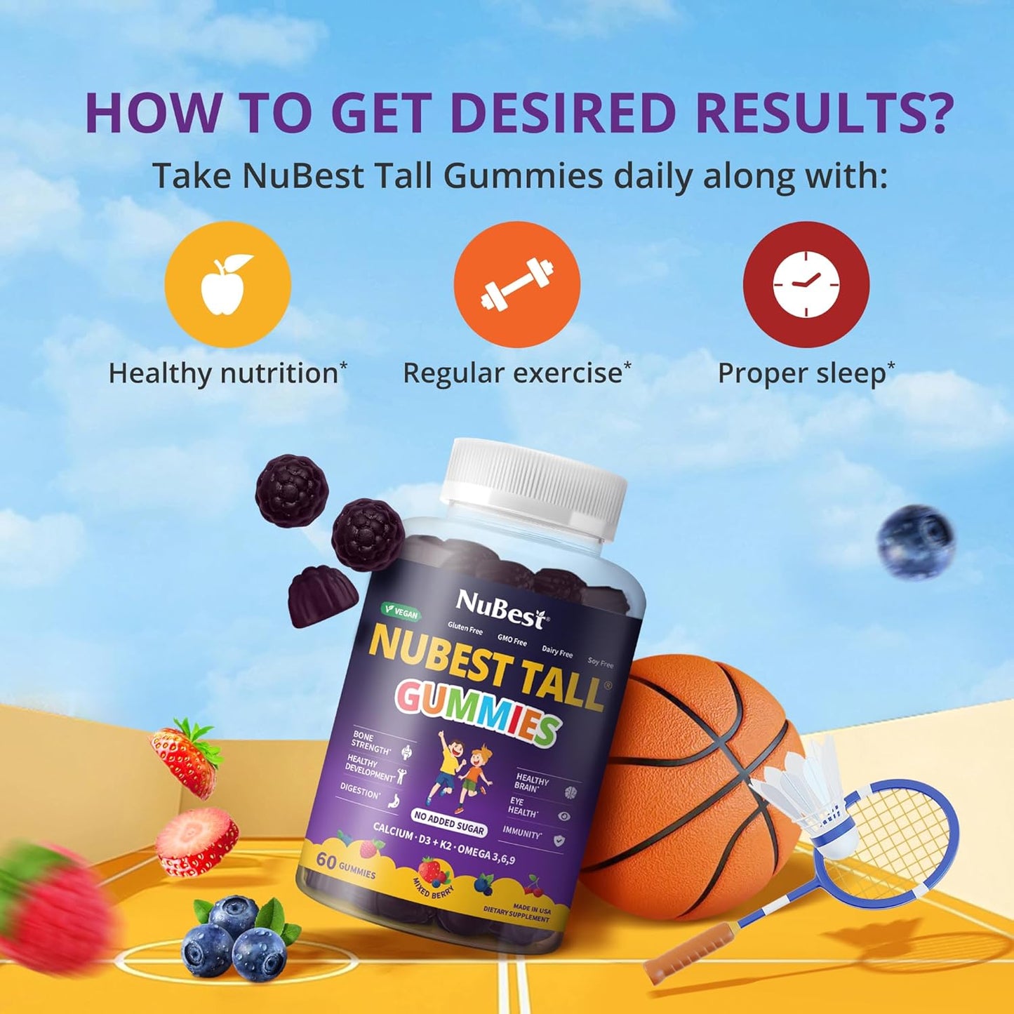Nutrient-Rich Kids & Teens Tall Gummies | Bone Strength, Immunity Boost, Digestive Health | Calcium, Vitamin D3, K2, B Complex, Magnesium, Zinc | 20+ Berry Flavored Gummies, No Sugar