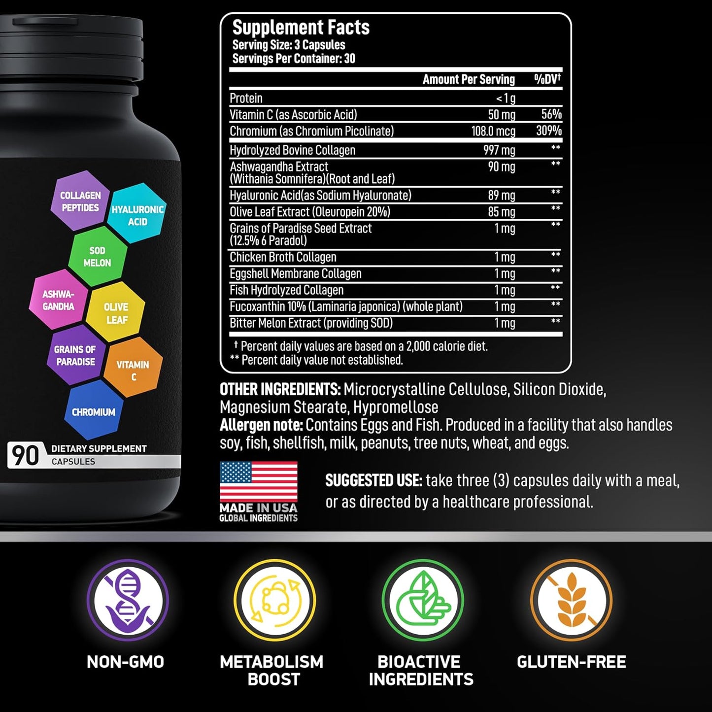 Nutrient-Rich Thermogenic Multi Collagen Capsules with Hyaluronic Acid - Type I, II, III, V, X - 2-Pack, 180 Capsules
