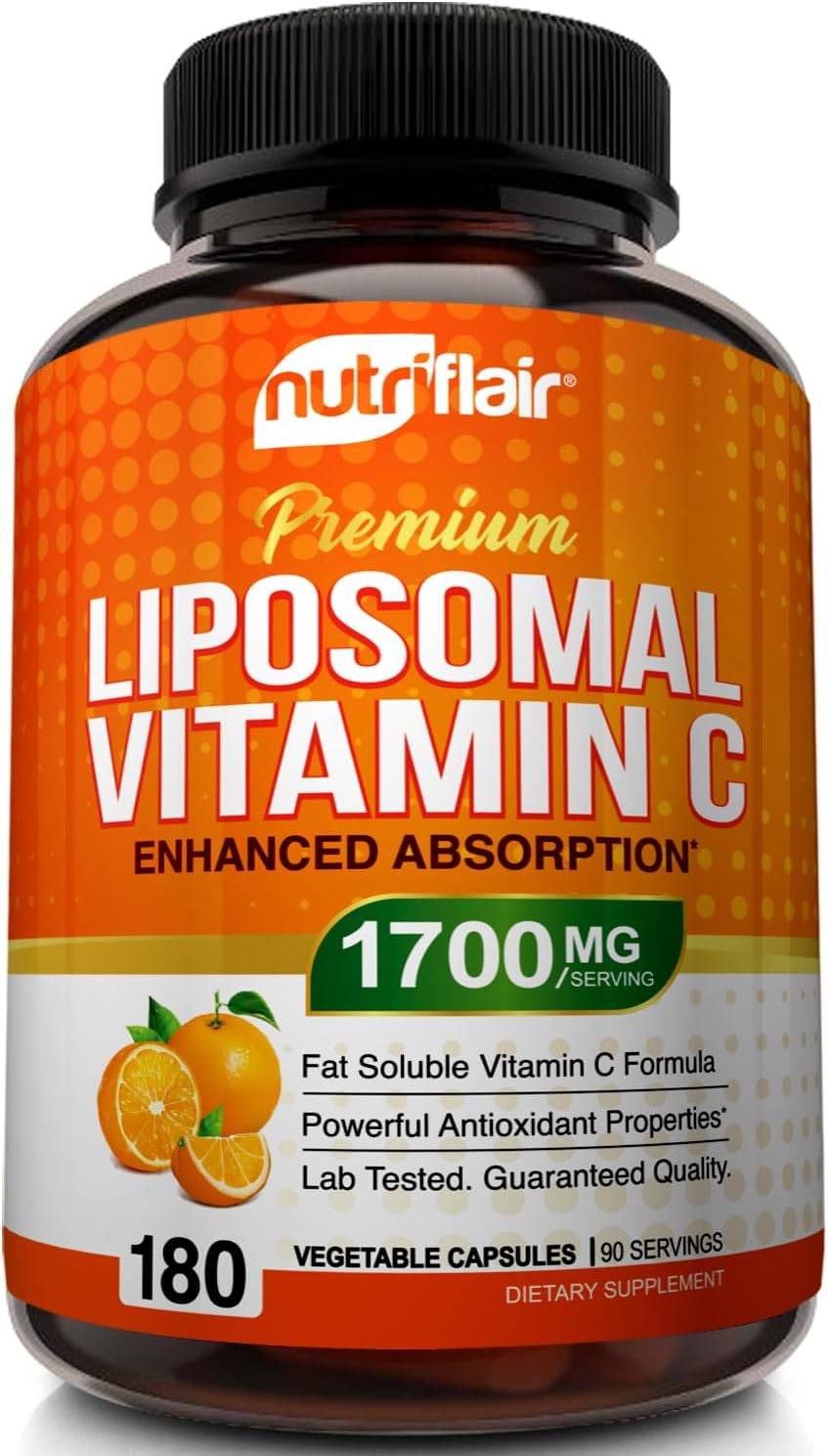NutriFlair Liposomal Vitamin C 1700mg Capsules - High Absorption Antioxidant Supplement for Immune Support & Collagen Boost - Non-GMO Vegan Formula