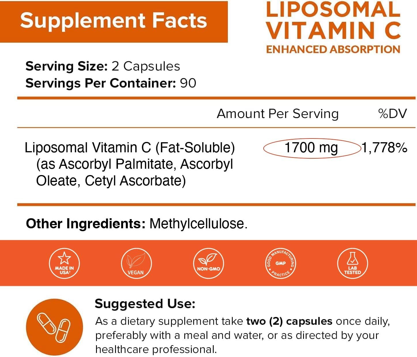 NutriFlair Liposomal Vitamin C 1700mg Capsules - High Absorption Antioxidant Supplement for Immune Support & Collagen Boost - Non-GMO Vegan Formula