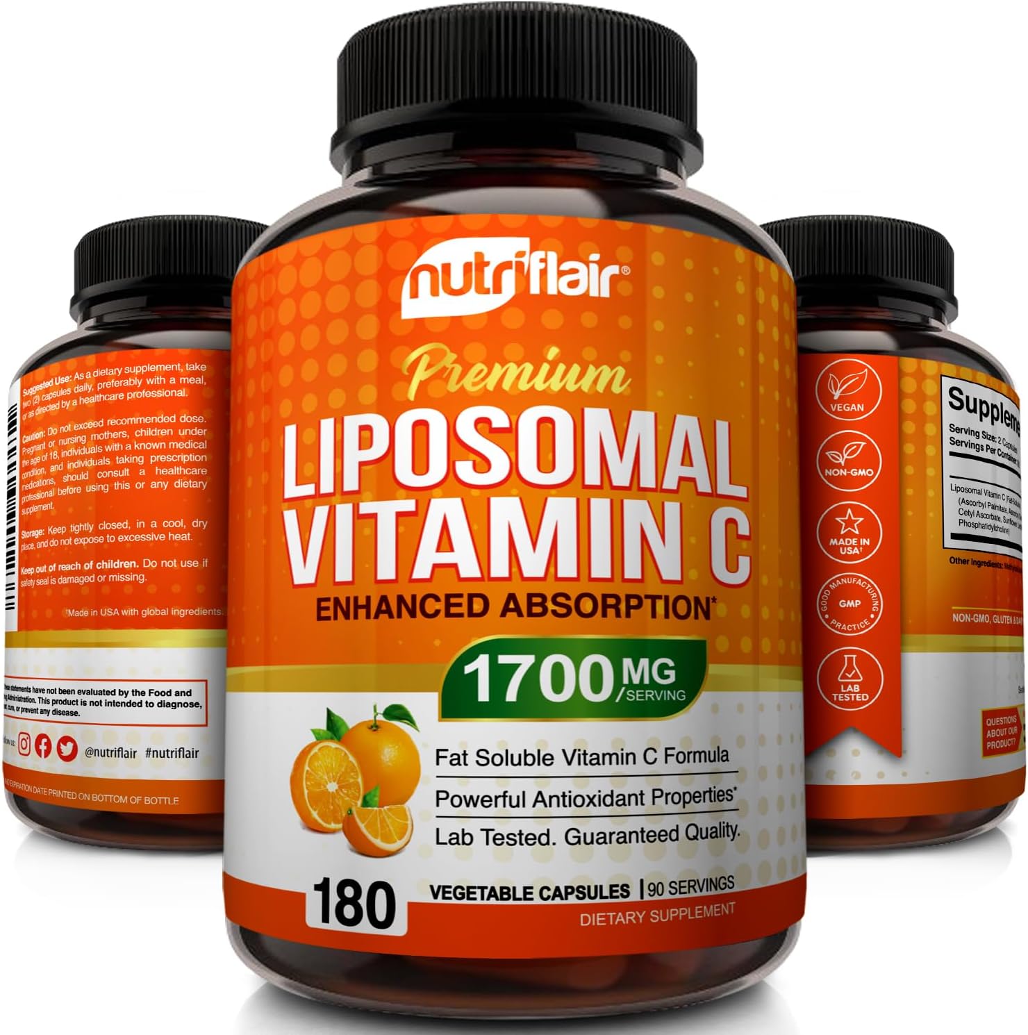 NutriFlair Liposomal Vitamin C 1700mg Capsules - High Absorption Antioxidant Supplement for Immune Support & Collagen Boost - Non-GMO Vegan Formula