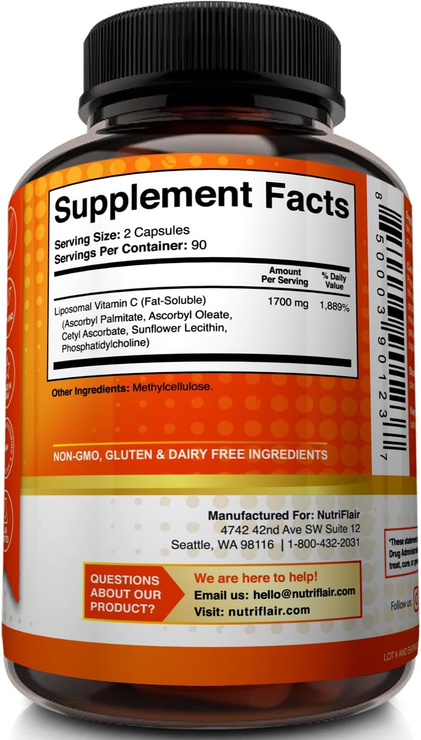 NutriFlair Liposomal Vitamin C 1700mg Capsules - High Absorption Antioxidant Supplement for Immune Support & Collagen Boost - Non-GMO Vegan Formula