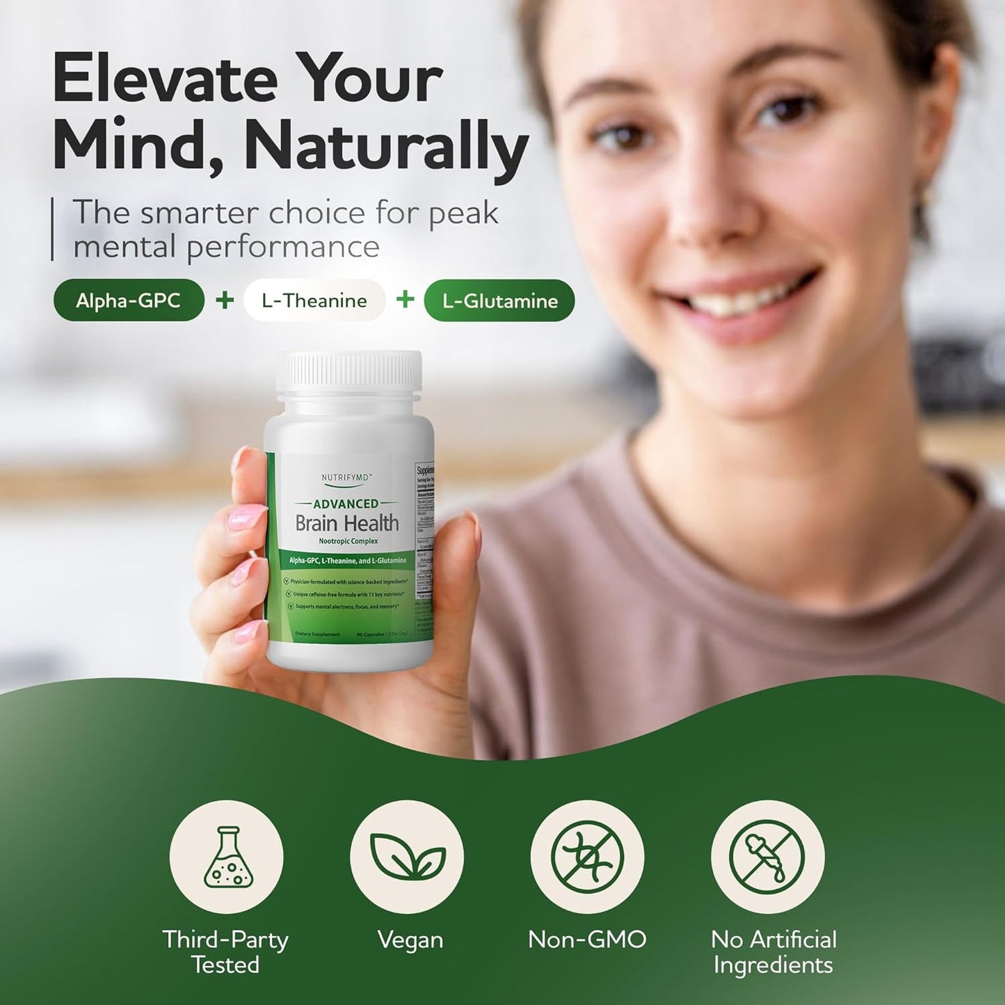 NutrifyMD Brain Health Supplement with Alpha GPC, L-Theanine, L-Glutamine - 90 Capsules for Memory and Focus