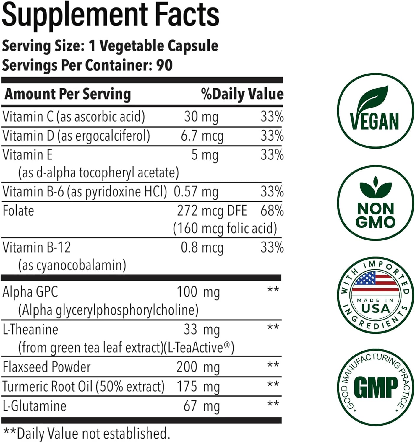 NutrifyMD Brain Health Supplement with Alpha GPC, L-Theanine, L-Glutamine - 90 Capsules for Memory and Focus