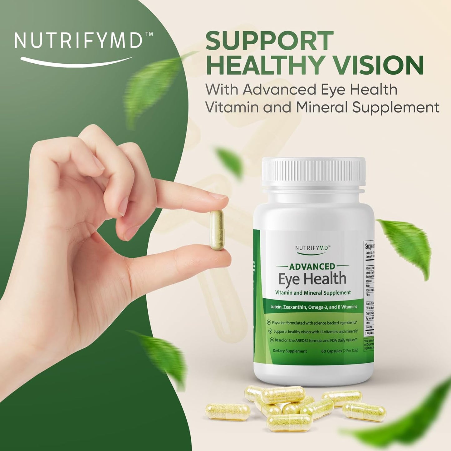 NutrifyMD Eye Health Supplement with Lutein, Zeaxanthin, Omega-3, B Vitamins - 60 Capsules