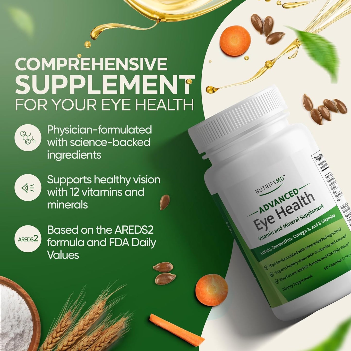 NutrifyMD Eye Health Supplement with Lutein, Zeaxanthin, Omega-3, B Vitamins - 60 Capsules