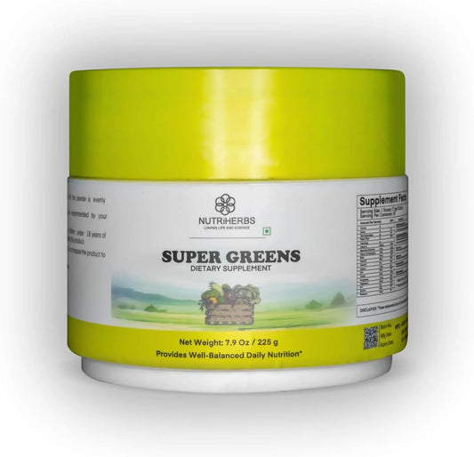 Nutriherbs Super Greens Powder - 225g | Powerful Green Superfood with Probiotics for Energy, Immunity & Digestion | 30 Servings