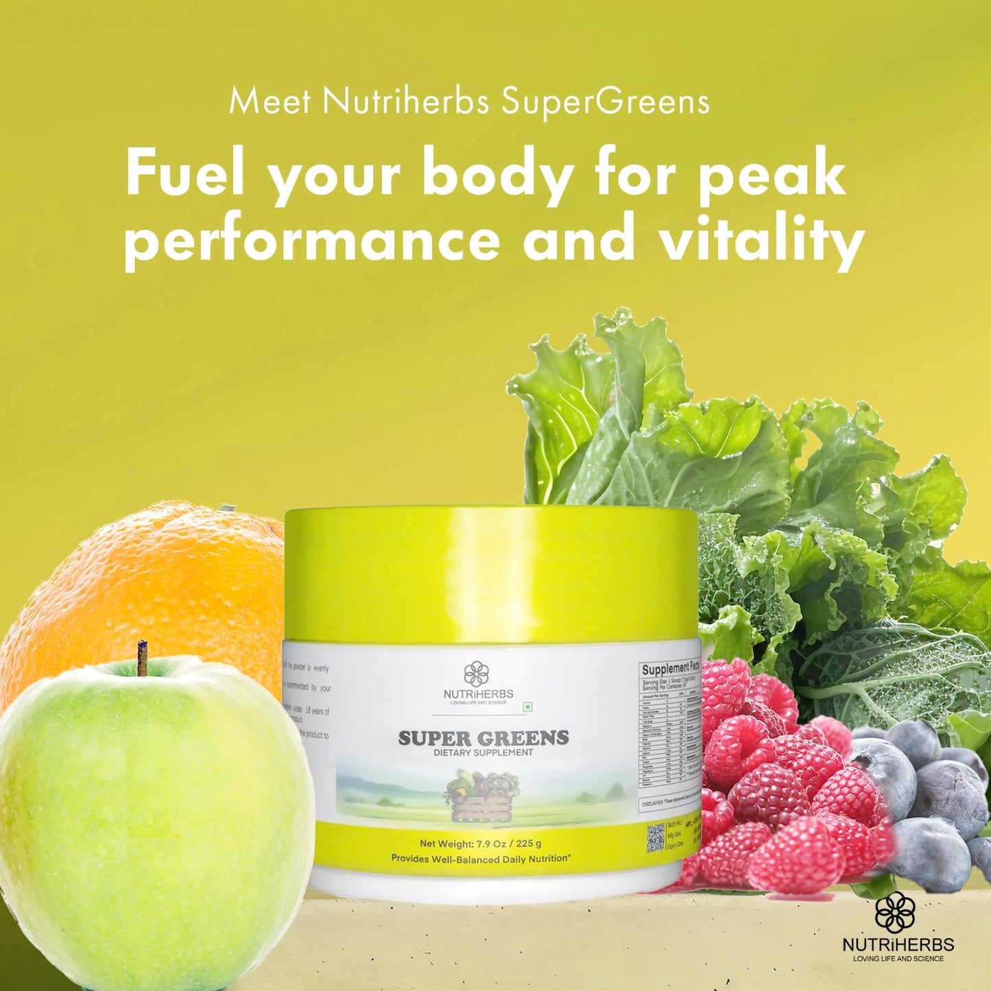 Nutriherbs Super Greens Powder - 225g | Powerful Green Superfood with Probiotics for Energy, Immunity & Digestion | 30 Servings