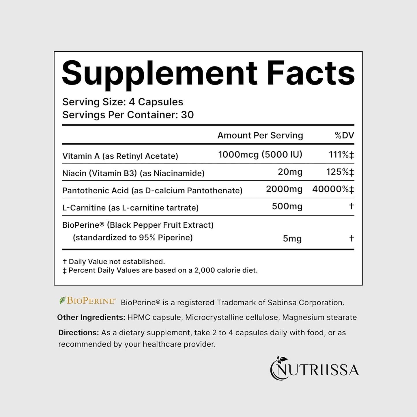 Nutriissa ACNEtane - Vegan Capsules for Hormonal & Cystic Acne Control - EPEB Certified Pantothenic Acid & L-Carnitine Formula