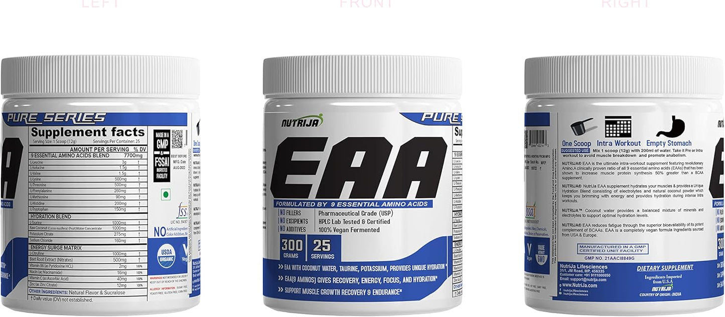 NutriJa EAA Supplement with Coconut Water & Lychee Flavor - 300g Hydration Blend & Energy Matrix with 9 Essential Amino Acids