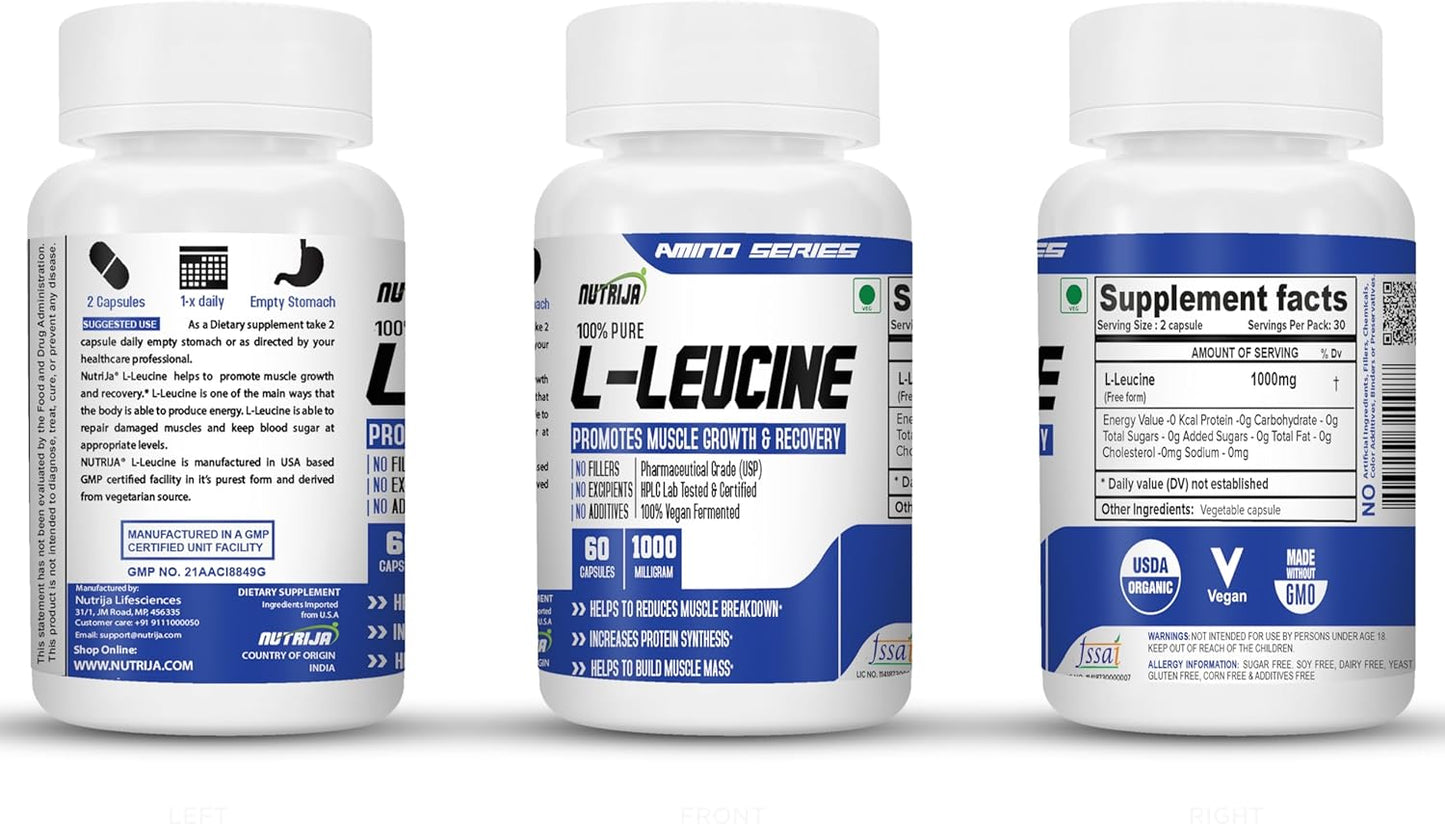 NutriJa L-Leucine Capsules 1000mg | Supports Lean Muscle Growth & Strength (120 Capsules)