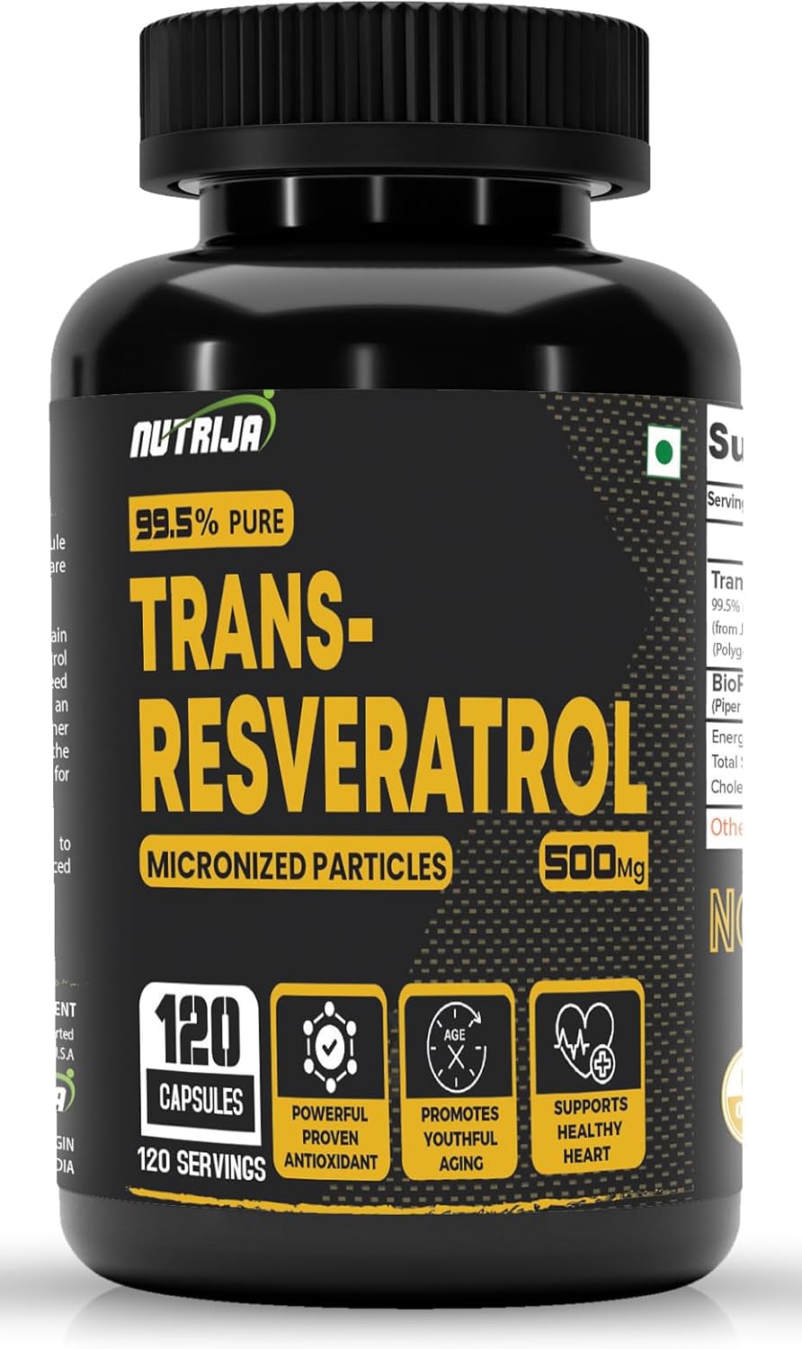 NutriJa Trans Resveratrol 500MG Capsules - High Bioavailability Antioxidant for Anti-Aging, Metabolism, Heart Health (120 Capsules)