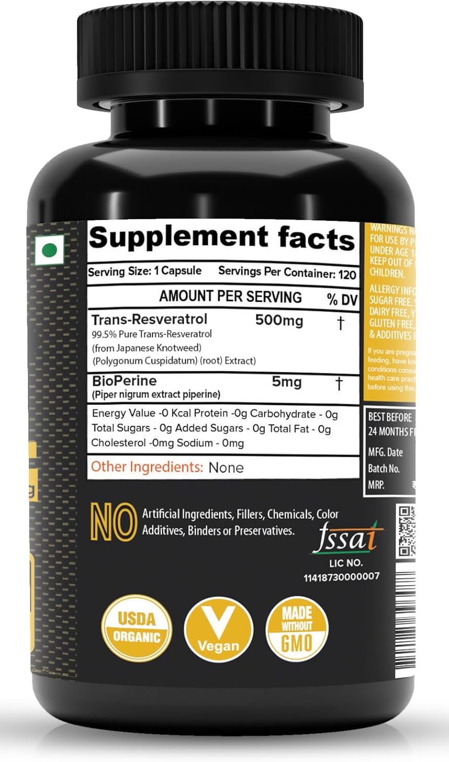 NutriJa Trans Resveratrol 500MG Capsules - High Bioavailability Antioxidant for Anti-Aging, Metabolism, Heart Health (120 Capsules)