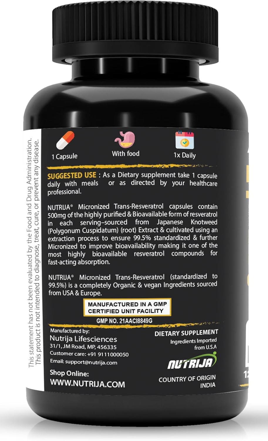 NutriJa Trans Resveratrol 500MG Capsules - High Bioavailability Antioxidant for Anti-Aging, Metabolism, Heart Health (120 Capsules)