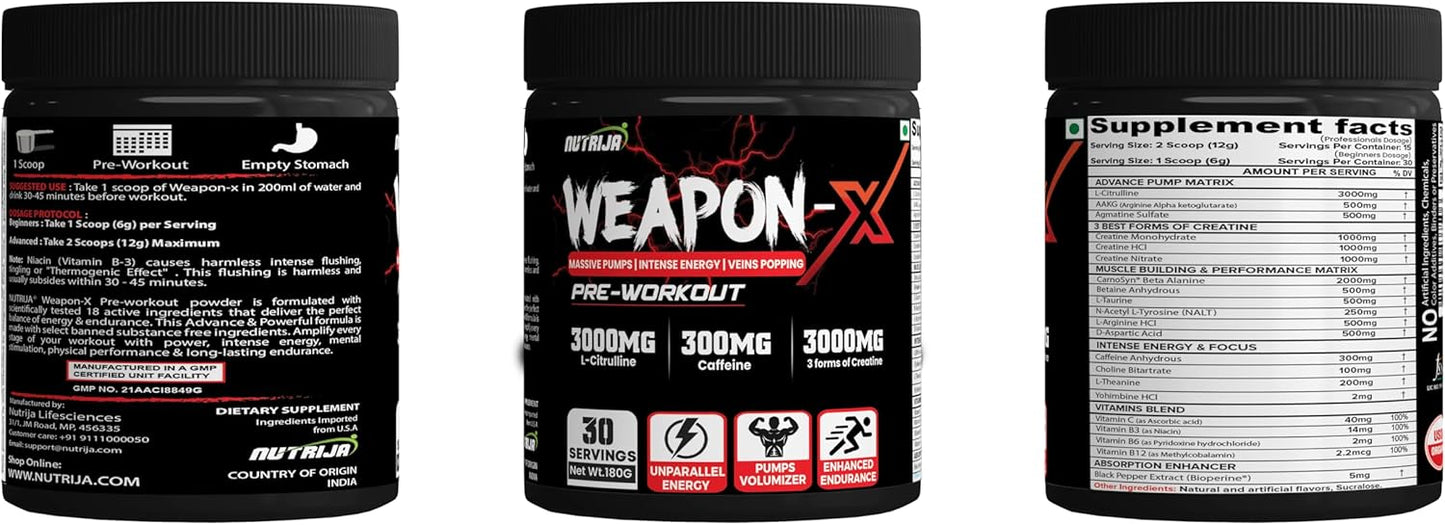NutriJa Weapon-X Pre-Workout Powder - 21 Active Ingredients, 3 Creatine Forms, AAKG, Beta-Alanine, Caffeinated - Mango Flavor, 30 Servings