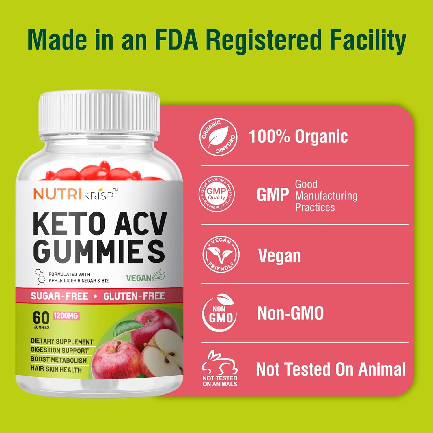 NutriKrisp Keto ACV Gummies - Advanced Weight Loss & Belly Fat Burn Supplement (1200MG) - Sugar-Free & Gluten-Free - For Men & Women