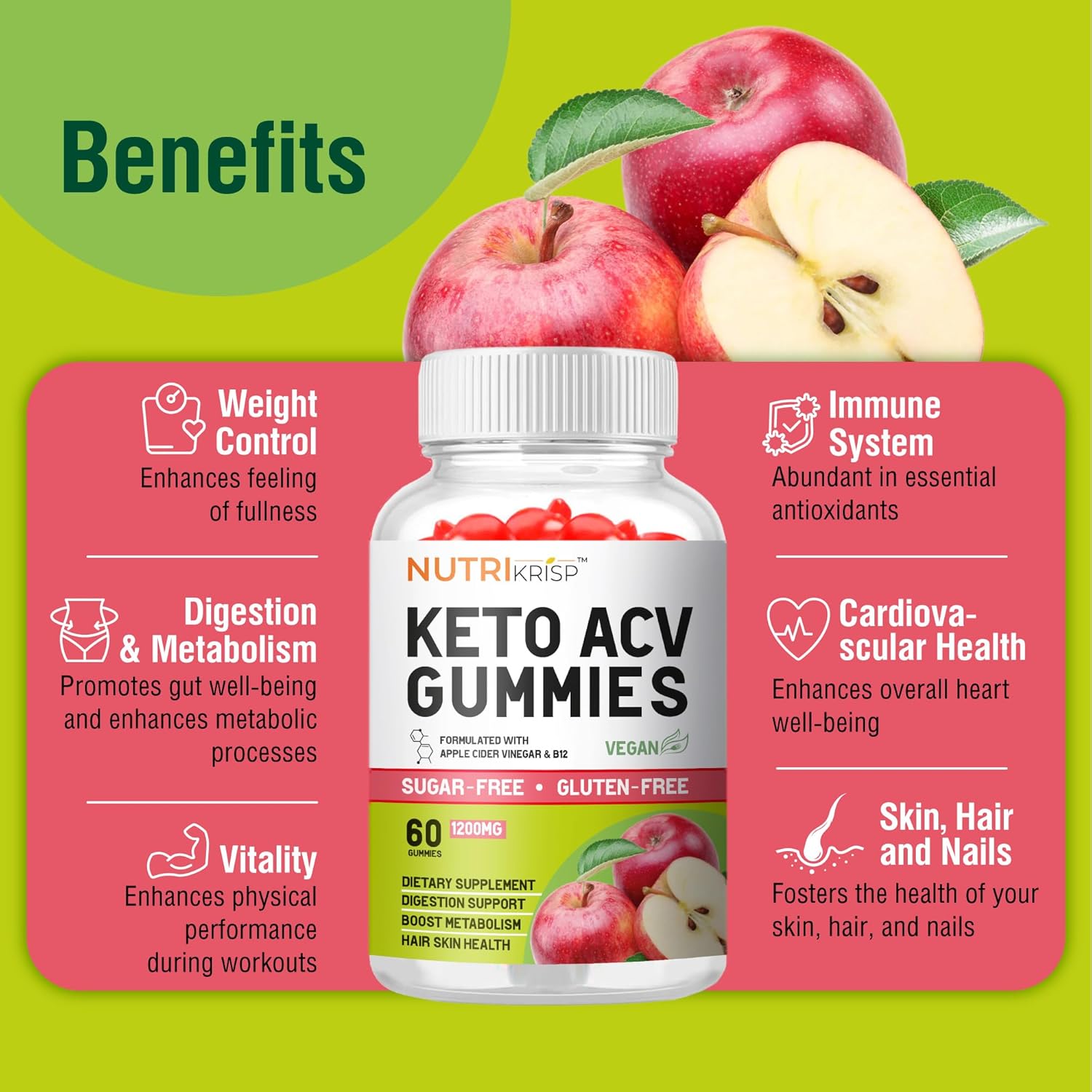 NutriKrisp Keto ACV Gummies - Advanced Weight Loss & Belly Fat Burn Supplement (1200MG) - Sugar-Free & Gluten-Free - For Men & Women